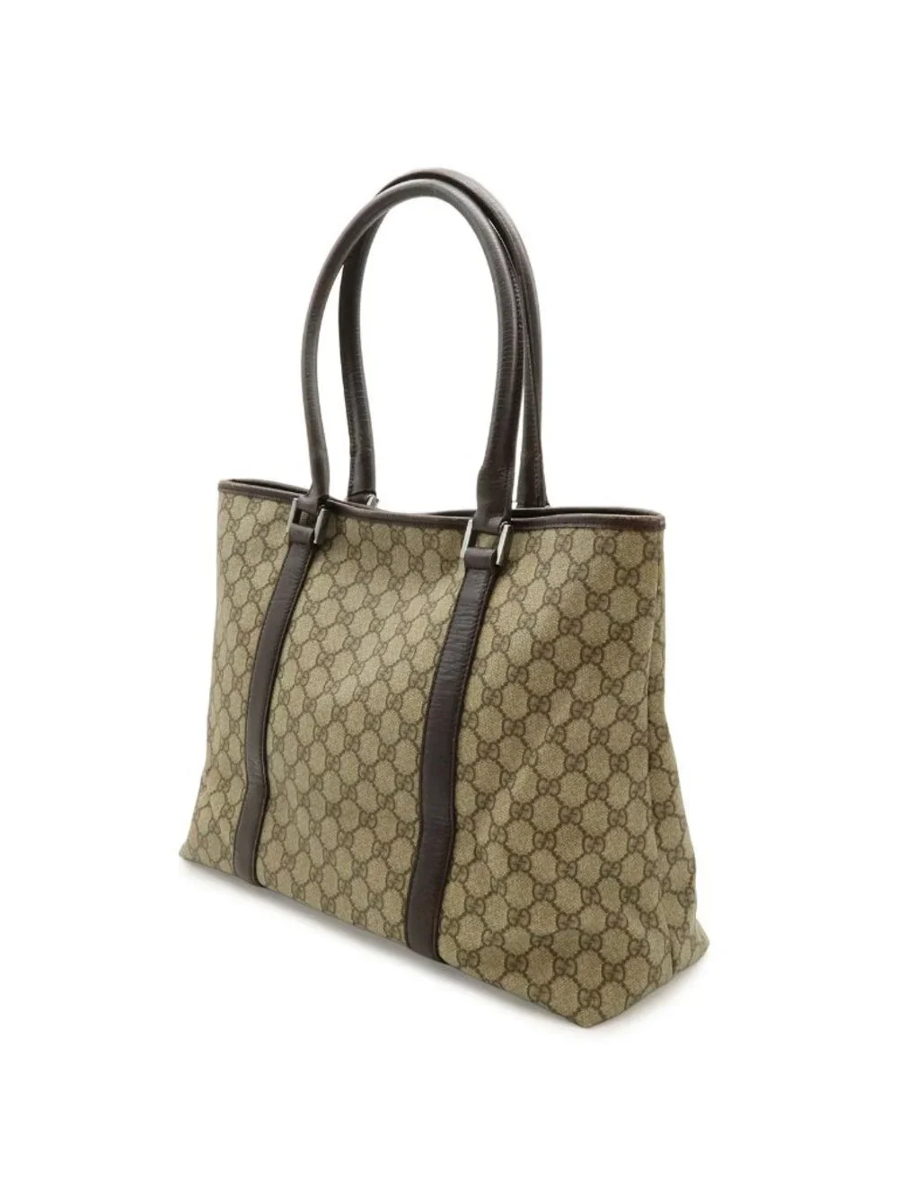 Gucci GG Supreme Plus Tote Large Shoulder Bag Leather Khaki Beige Dark Brown - Picture 2 of 8
